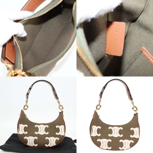 CELINE Triomphe Ava Shoulder Bag Canvas Leather Pile Khaki Gold - Picture 10 of 12